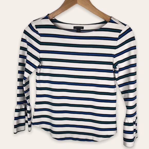 Ann Taylor Black Blue White Green Striped Flounce Sleeve Boat Neck Top Shirt XS - Picture 1 of 6